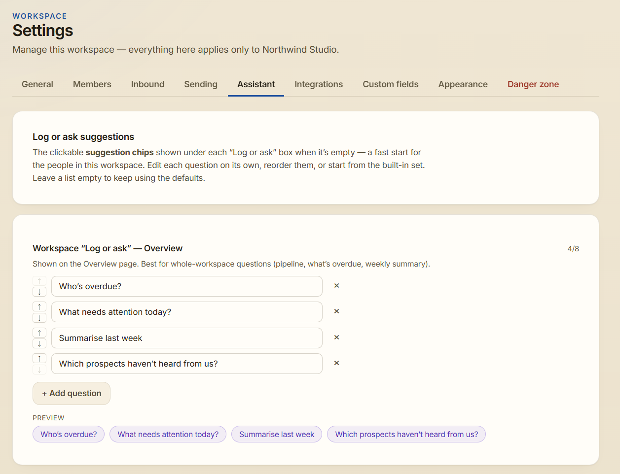 Settings → Assistant: edit, reorder and preview the suggestions
