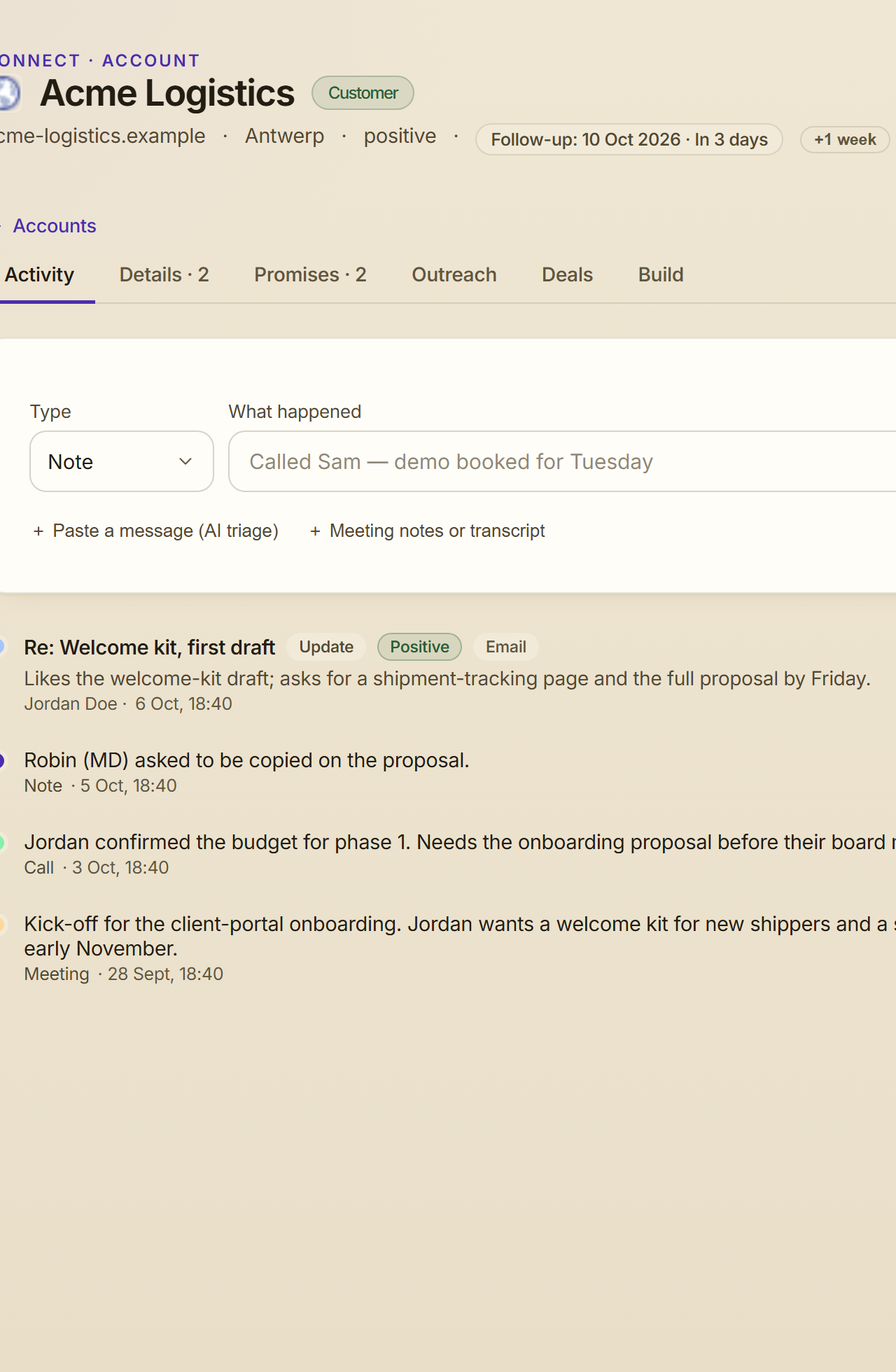 An account's timeline: every email, call and note about one customer